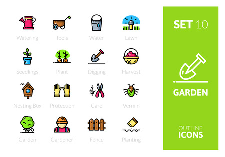 Outline color icons set in thin modern design style, flat line stroke vector symbols - garden collectionのイラスト素材