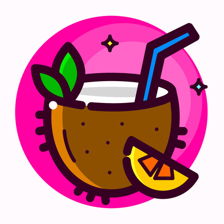 An illustration of a coconut cocktail with straw and lemon isolated on pink.のイラスト素材