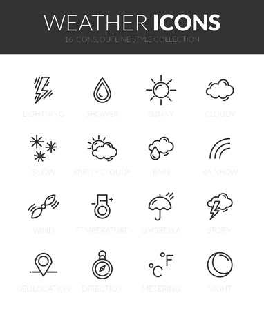Outline black icons set in thin modern design style, flat line stroke vector symbols - weather forecast collectionのイラスト素材