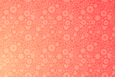 Valentines Day horizontal banner, passion vector illustration with many objects on red gradient background, hearts, flowers and love lettersのイラスト素材