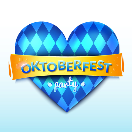 Button heart with blue and white rhombus pattern, german beer fest decoration, Oktoberfest party concept design, realistic vector illustrationのイラスト素材