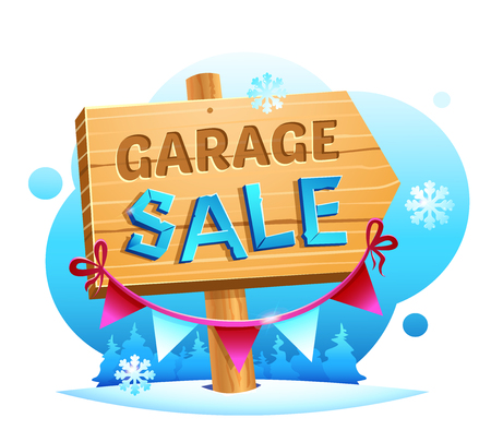 Snow garage Sale, wooden pointer with a hand written inscription and decoration on the background of a winter landscape vector illustrationのイラスト素材
