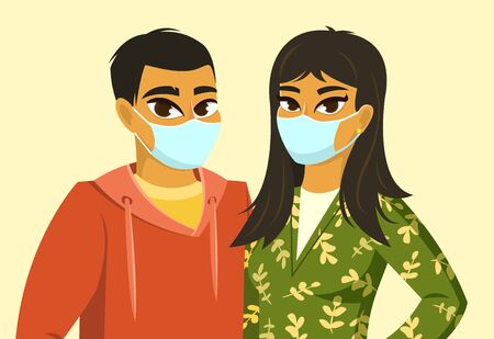 Asian man and woman wearing surgical maskのイラスト素材