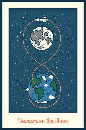 Tourism on the Moon, poster with flight path around the Moon from the ground and back. Vector illustrationのイラスト素材