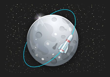 Tourism on the Moon, rocket flight around the Moon on stary sky. Vector illustrationのイラスト素材