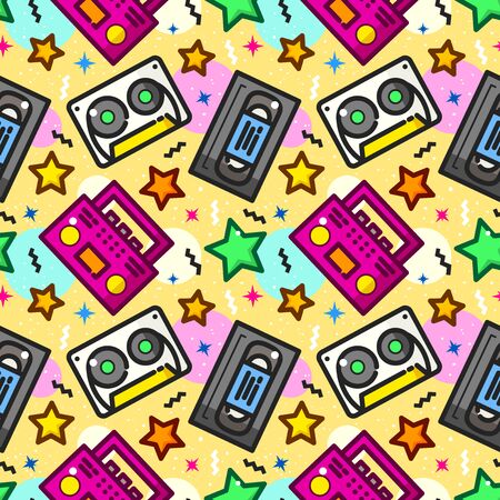 Seamless pattern with audio and video cassette vector illustrationのイラスト素材