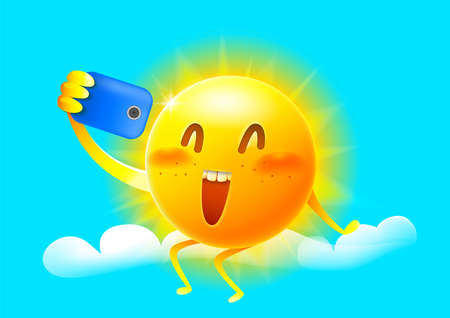 Sun takes a selfie on a blue smartphone. Summer youth vector illustrationのイラスト素材