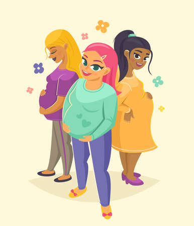 Three pretty smiling pregnant women vector illustrationのイラスト素材