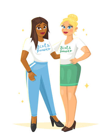 Two beautiful girls in white t-shirts with the inscription girls power, vector illustrationのイラスト素材