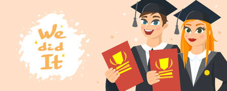 Graduation Congratulations vector illustration. Horizontal banner with smiling guy and girl dressed in mantleのイラスト素材