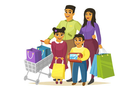 Asian family at shopping, happy parents with children, vector illustrationのイラスト素材