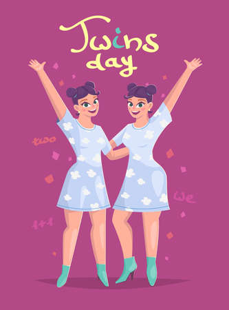 Twins day, Two happy identical sisters, vector illustrationのイラスト素材