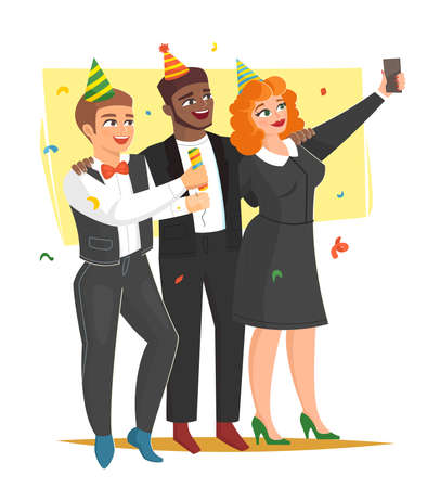 Office corporate holiday party, three happy colleagues, vector illustrationのイラスト素材