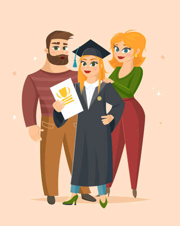 Graduation Congratulations vector illustration with happy family proud of their daughter graduate.のイラスト素材