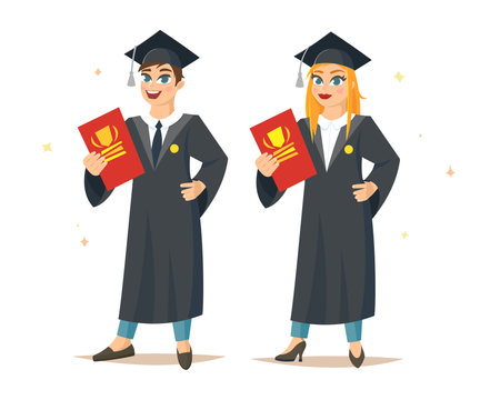 Smiling girl and boy are graduates. Vector illustrationのイラスト素材