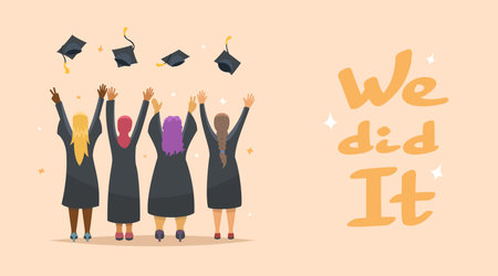 Graduation Congratulations. Four happy graduate girls, vector illustrationのイラスト素材