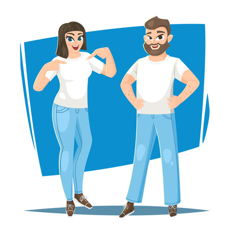 Man and woman in blank white t-shirt. Vector illustrationのイラスト素材