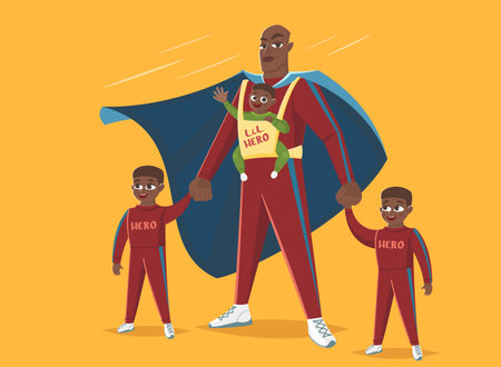 Super Dad. Dad with his three children plays in superheroes, vector illustrationのイラスト素材
