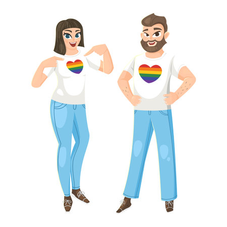 Woman and Man wearing t-shirt with hearts LGBT flag colors. Vector illustrationのイラスト素材