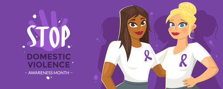 Domestic violence prevention month promotion t-shirts with purple ribbons. Vector illustrationのイラスト素材
