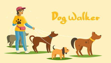 Dog walking services banner, person and animals vector illustrationのイラスト素材