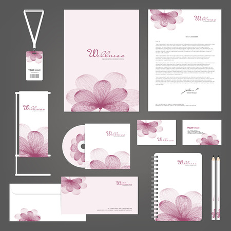Corporate identity templates, Spa Yoga Orchid Flower, Business card, cd, enverlop, letter, green, Blank Vector illustrationのイラスト素材