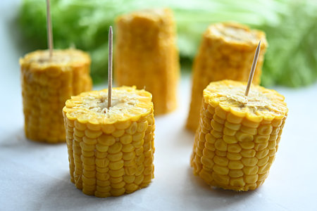 boiled corn on wooden sticks on a background of greenery. Vegetarian food. Diet. healthy eating