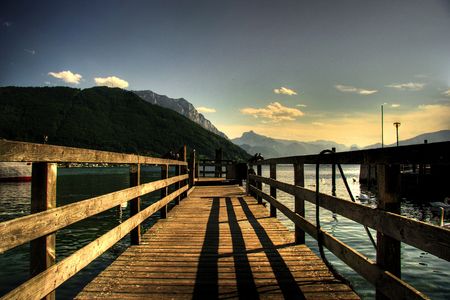 A pontoon in the sunset lightの写真素材