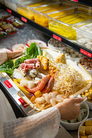 Woman's hands holding plastic container with shrimps, squid, mussels, prawns and other seafood in supermarketの写真素材