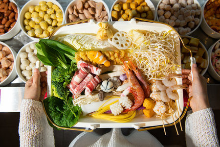 Top view of woman's hands holding box with shrimps, vegetables, mushrooms, noodles, mushrooms,...