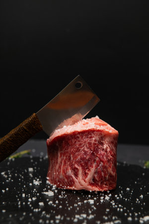 Raw meat with a knife on a black background. Copy space.の写真素材
