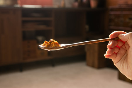 Spoon with tasty chicken curry on blurred kitchen background, closeupの写真素材