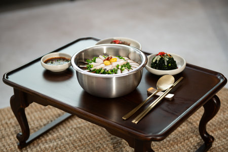 Bibimbap, Japanese food, on a wooden tableの写真素材
