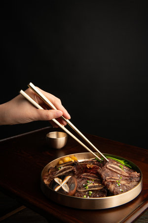 Female hand holding chopsticks with grilled meat on wooden board over black backgroundの写真素材
