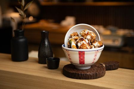 Japanese food in a bowl on a wooden table in a restaurant.の写真素材