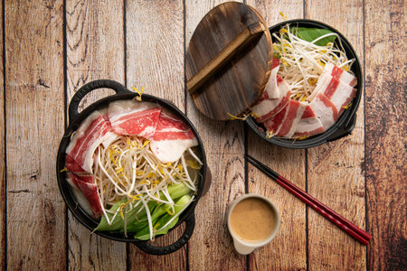 Bibimbap, Japanese noodles on wooden background