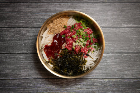 Sukiyaki, Japanese noodles on wooden backgroundの写真素材