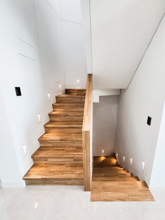 interior of modern house, staircase view from the inside, nobody inside