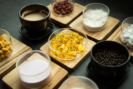 Healthy eating concept with fish oil capsules on wooden table and ingredientsの写真素材