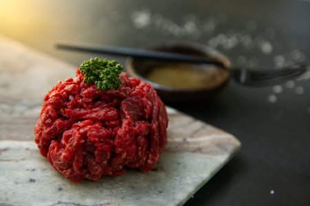 Raw beef tartare with sauce and chopsticks plate.の写真素材