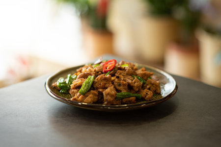 Stir-fried pork with basil and chilli on black plateの写真素材