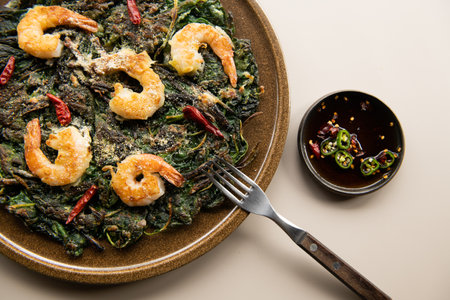 Spinach Fried with Shrimps or Prawns, Thai Food
