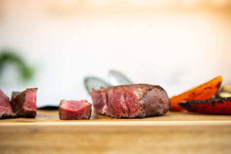 grilled beef steak on a wooden cutting board, selective focus.の写真素材