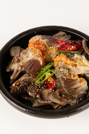 Japanese food, simmered crab in black bowl on white background