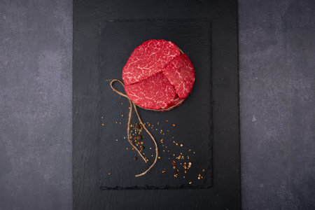 Raw beef steak on black slate background. Top view with copy spaceの写真素材