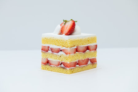 Strawberry cake on white background - selective focus point on strawberry cakeの写真素材