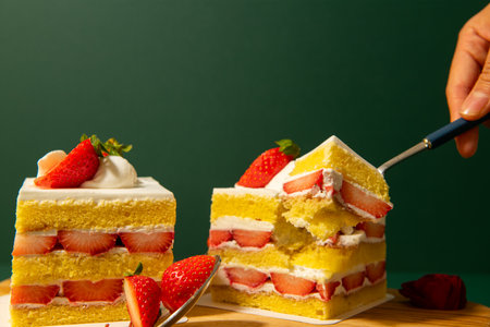 Strawberry cake with whipped cream and fresh strawberries on green backgroundの写真素材