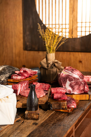 Variety of raw beef and pork meat on wooden cutting board.の写真素材