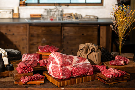 Fresh raw beef on a cutting board in a rustic kitchen.の写真素材