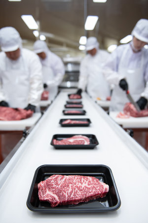 Meat factory workers at work in a meat processing plant - Shallow DOFの写真素材